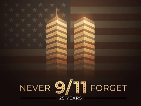 Stylized silhouette of the twin towers against a faded American flag with text 'Never 9/11 Forget 25 Years' commemorating anniversary of the September 11th attacks.