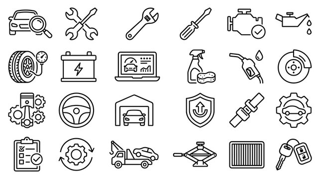 Car repair and auto service line icons for vehicle maintenance.