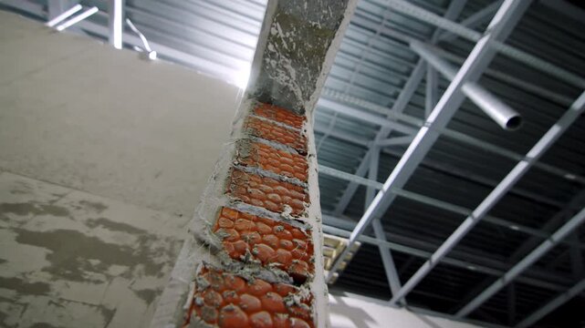 Solid masonry work beneath industrial ceiling framework closeup. Raw building materials showcase durable structural engineering process