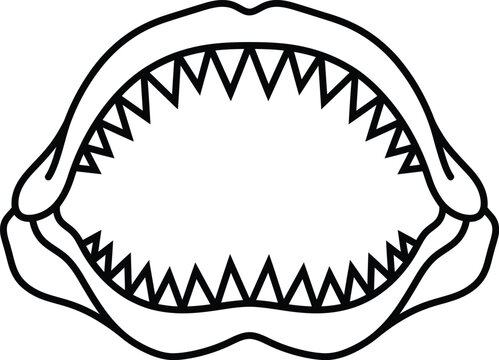A black and white line art illustration of an open shark mouth with sharp pointed teeth