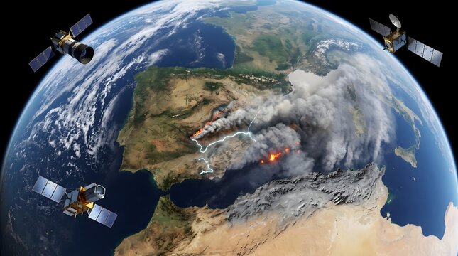 Global communication and disaster monitoring satellite network concept. Two satellites orbiting Earth with wildfire detection and hurricane tracking. Real-time data transmission for emergency response