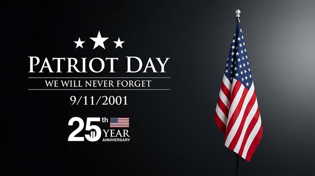 Patriot day commemorative graphic with american flag and solemn message we will never forget 9 11 2001 marking 25th anniversary remembrance.