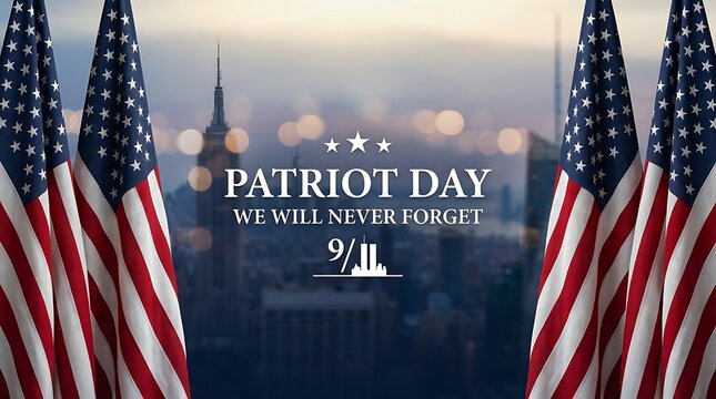 Patriot Day remembrance graphic with American flags, city skyline, and 9 11 tribute text signifies national unity and honor.