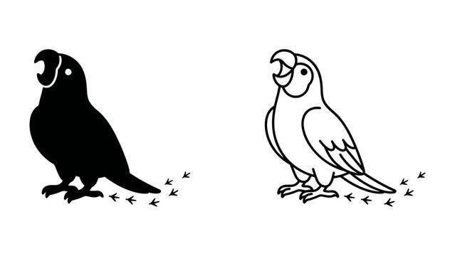 Chirping Parrot Duo: A striking silhouette and a clean outline illustration of a parrot perched with its beak open, seemingly mid-squawk, with tiny footprints trailing behind.