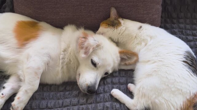 Calico Cat Licking a Dog on the Sofa Showing Friendship Between Animals