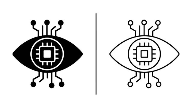 Artificial Intelligence Eye Icon: A stylized representation of an eye merged with a microchip and circuitry, symbolizing artificial intelligence and advanced technology.