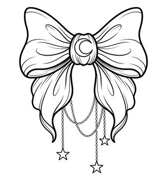 Large Ribbon Bow with Crescent Moon and Hanging Star Charms Coloring Page, Celestial Line Art