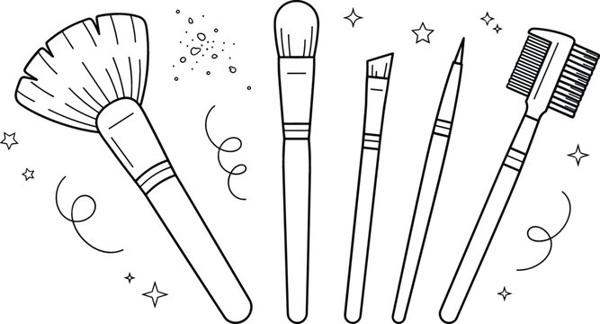 Makeup brush vector illustration set with cosmetics fan eyeliner eyebrow comb salon beauty icons isolated on white background