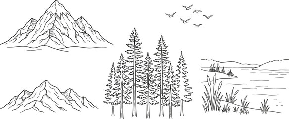 Obraz premium Mountain vector illustration set with pine trees lake river shore flying birds wilderness landscape icons isolated on white background