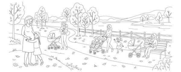 Fototapeta premium Mothers walking with children and babies in park coloring page.