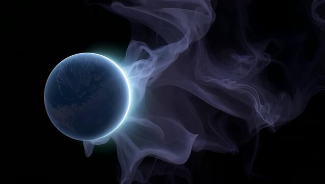 Dark blue exoplanet rotating in front of a slowly evolving cosmic nebula.