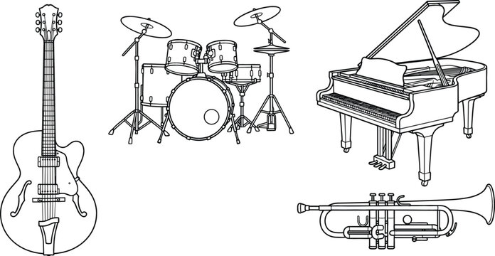 Musical instrument vector illustration set with electric guitar drum kit grand piano trumpet line icons isolated on white background