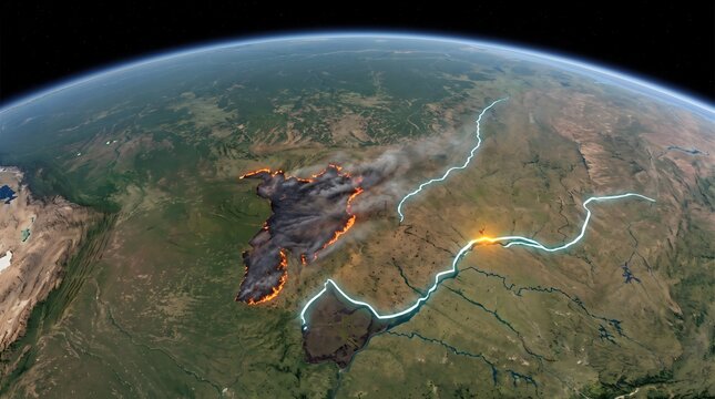 Wildfire and firebreak containment strategy aerial view. Active fire front with smoke plumes. Firefighters creating perimeter control lines in forested terrain at night