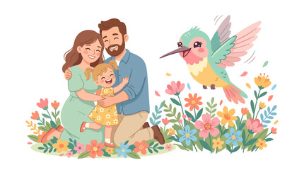 Fototapeta premium Happy family bonding in a blooming garden with a cute hummingbird illustration