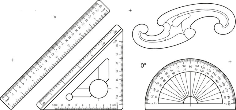 Ruler vector illustration set with straight edge triangle scale french curve protractor geometry icons isolated on white background