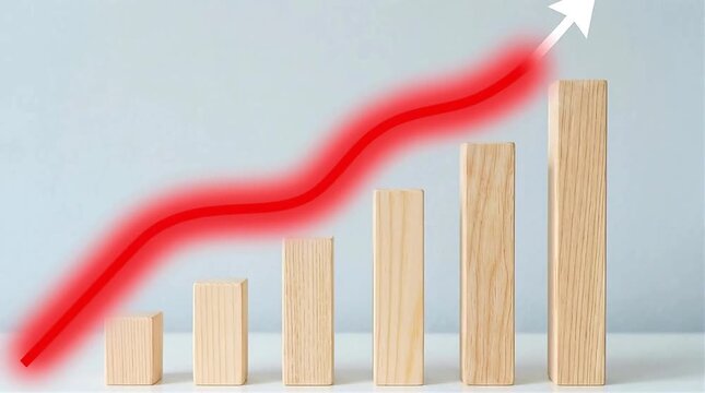 A red line on arrow highlighting business growth on wooden blocks bar chart
