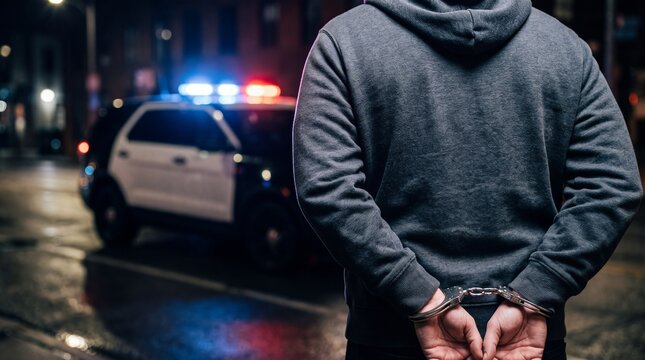 Person's hands in metal handcuffs, with a blurred police car and flashing red and blue lights in the dark night background, symbolizing arrest and justice.