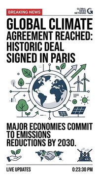 Breaking news banner about global climate agreement reached with historic deal signed in Paris