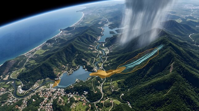 Aerial view of coastal peninsula with sandy beaches and dense green forests. Satellite imagery of natural landscape with winding river and coastal settlements