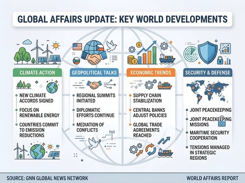 Global Political and Economic Landscape Analysis Infographic Featuring International Relations Trends and Sustainable Development Goals