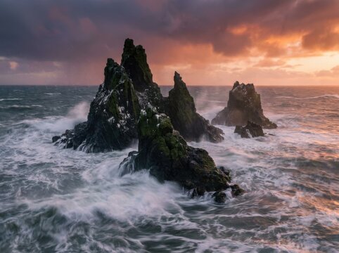 Majestic sea stacks rise from the churning ocean as powerful waves crash against them at sunset creating a dramatic and wild coastal scene a testament to natures raw power and beauty