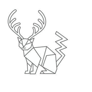 Geometric Cat with Antlers Line Art
