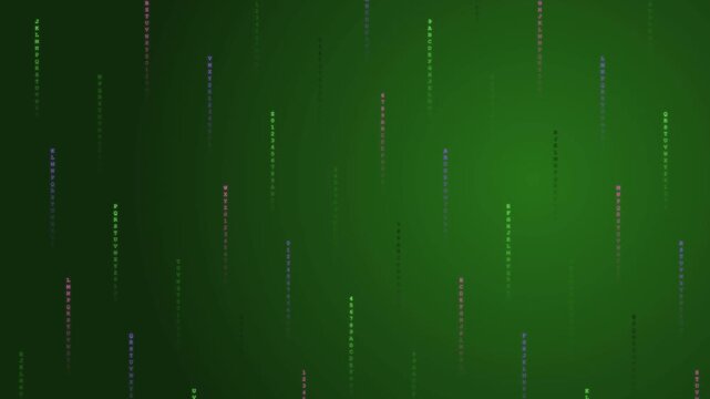 Digital matrix rain background, glowing green data streams falling on dark texture, futuristic binary code animation for cyber security