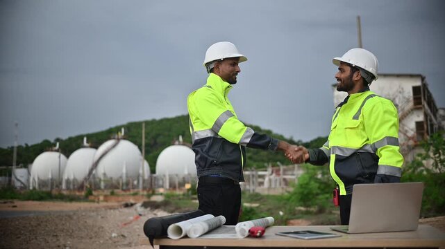 Engineers wearing safety gear, including hard hats examining survey a large blueprint tablet standing industrial facility gas or oil refinery engaged in a job requires high safety standards concept.	