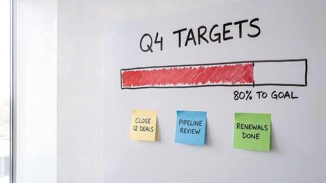 Q4 targets business whiteboard, progress bar showing 80 percent to goal, corporate sales strategy with colorful sticky notes