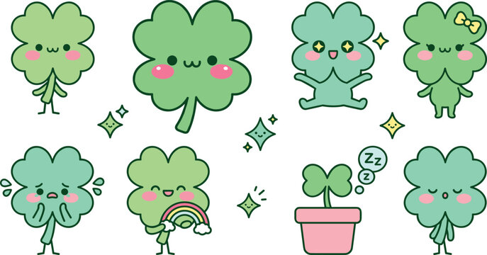 Cute four leaf clover character sticker set with funny cartoon shamrock emoji expressions holding rainbow for St Patricks Day vector illustration