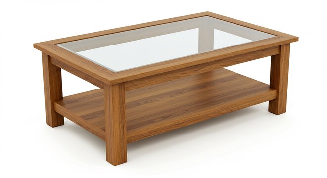 Wooden Coffee Table with Glass Top: A rustic wooden coffee table featuring a clear glass top and a lower shelf, perfect for adding a touch of natural elegance to any living space.