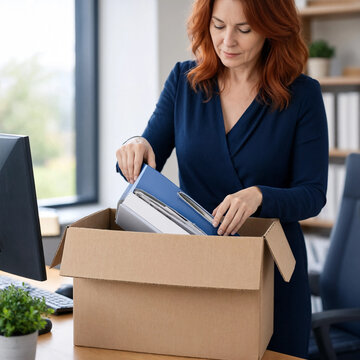 Red-haired woman in a navy dress organizes folders and documents inside a cardboard box at an office workstation, suggesting relocation, storage, or workplace transition.