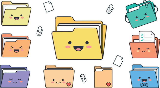 Cute colorful file folder character vector set with funny cartoon office document organizer icons holding paper clips and checklists stickers