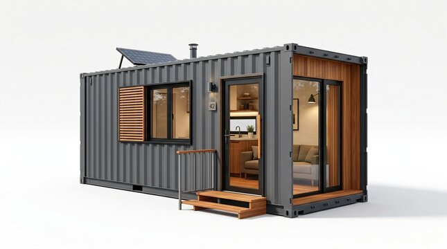Modern tiny house converted from a dark gray shipping container with wooden accents, large glass doors, and a cozy interior viewed on a white background
