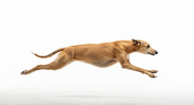 The Greyhound's Graceful Leap: A lean Greyhound dog in mid-air, captured in a dynamic pose as it runs with elegant stride, showcasing its speed and agility.