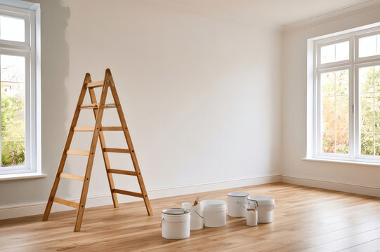 Bright room with large windows, wooden floor, ladder, and paint cans, ready for renovation or home improvement.