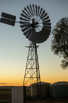 Windmill at dawn with poly tanks and small shed