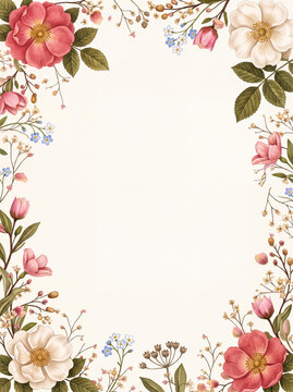 Vintage botanical flower border frame on ivory background