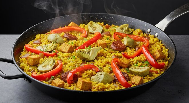 Vibrant Paella Dish: A close-up shot showcases a steaming, flavorful Spanish paella brimming with rice, vegetables, and seafood, artfully arranged in a traditional pan.
