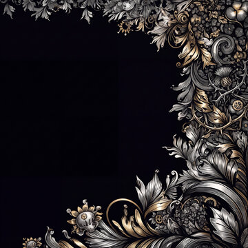 Silver and gold ornamental corner border on black background
