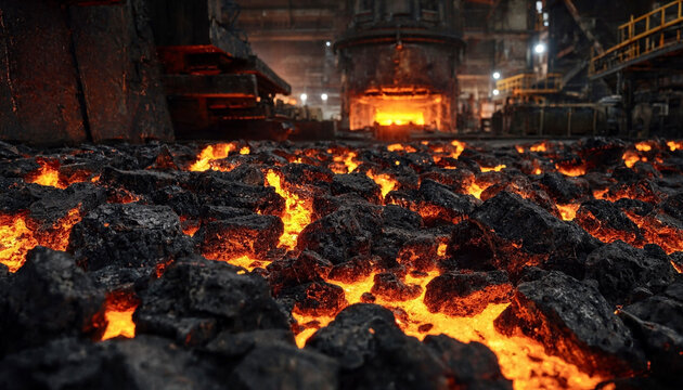 Molten slag glowing and cooling on the floor near a furnace in a steel mill, conveying heat and heavy industry atmosphere. High contrast orange and dark tones create dramatic industrial mood.