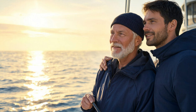 An elderly man and his adult son stand together on a sailboat, smiling and looking toward the sunset over calm water. They wear warm jackets and share a peaceful moment at sea.