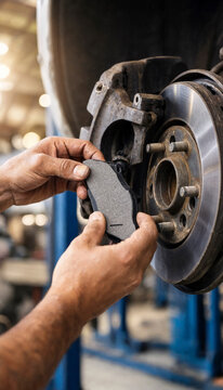Mechanic fitting a new brake pad onto a car disc brake assembly. Close-up of hands working on vehicle brake components in a workshop setting.