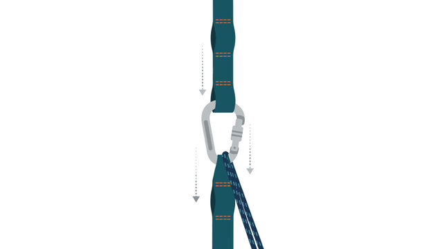 Professional flat vector illustration of a climbing carabiner connecting a technical webbing strap and rope for safety