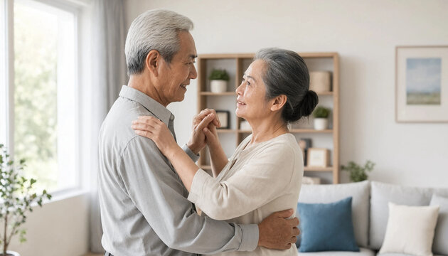 Senior man and woman gently embrace in a bright living room, smiling at each other near a sofa, shelves, plants, and a sunlit window.