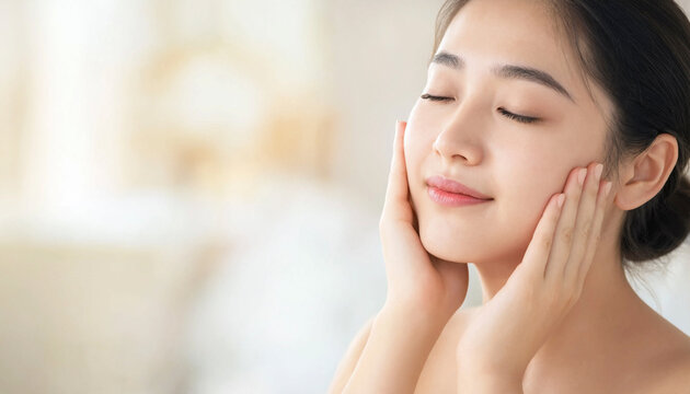 Young woman relaxing while gently touching her face, conveying calm and skincare wellness in a bright soft background. Suitable for beauty, wellness, and self-care themes.