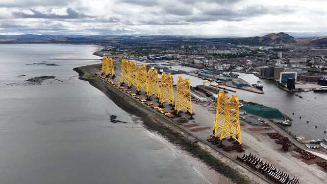 Offshore wind turbine jackets assembling at port of leith in scotland