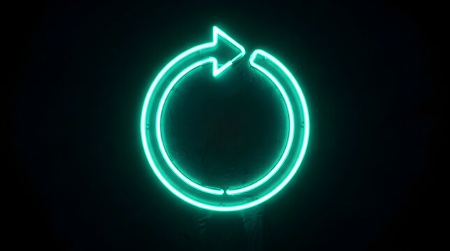 Bright green neon light circular refresh arrow symbol glowing against a dark background