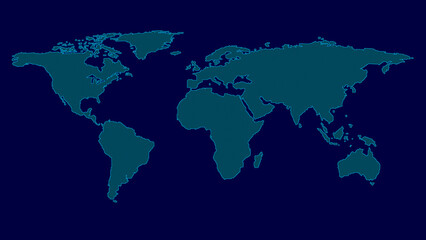 Fototapeta premium Dotted teal world map on blue background. This dotted teal world map visualizes international data. Dotted teal world map for global technology and business themes.