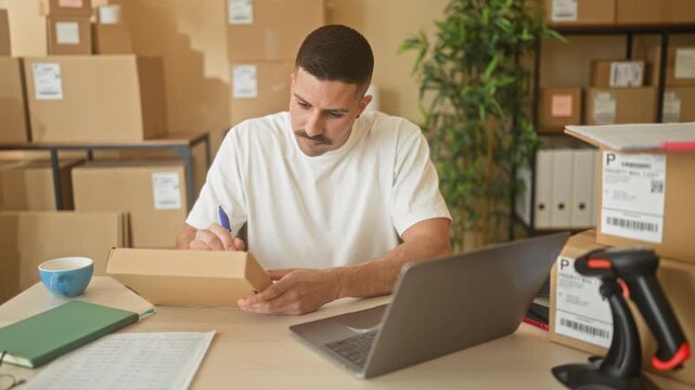 Man signing a parcel while holding a pen and checking laptop at a packing table in building; entrepreneurial focus.